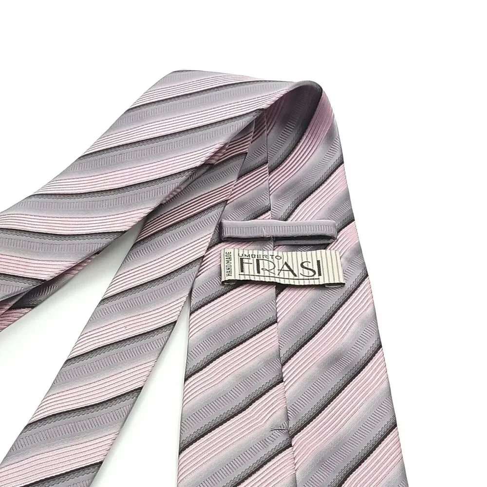 Umberto Frasi Repp Tie Mens XL 66” Gray Mauve Ribbon Stripe Designer Wide New